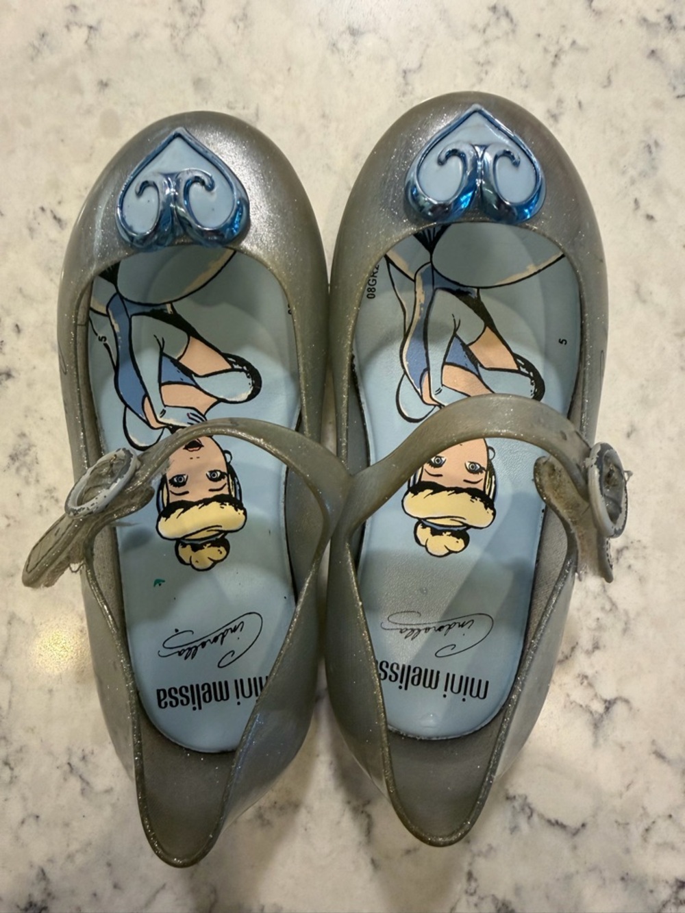 Mini Melissa Silver Glitter Mary Jane Shoes with Blue Heart Accent